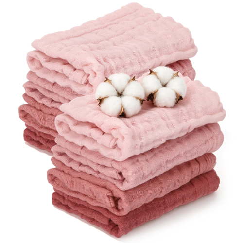 KABOER 8 Pack Baby Washcloths, 6-Layer Muslin Cotton Gauze Wipes, 11.8x11.8 inches, Soft Newborn Face Towel & Bath Cloth for Sensitive Skin, Pink, Baby Shower Registry Essential