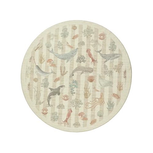 Whales Themed Soft Washable Faux Wool Stain Resistant Rug Rubber Non-Slip Backing for Playroom Bathroom Living Room Bedroom Bedside Beachy Cute Coastal Nautical Nursery Rug (Taupe, 5' Round)