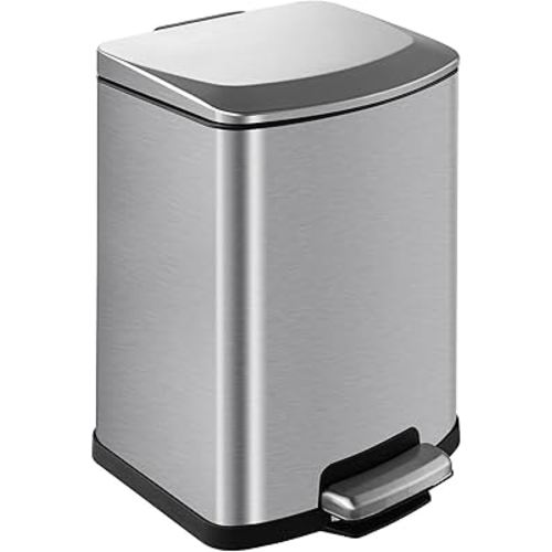 ELPHECO Bathroom Trash Can with Lid 4 Gallon / 15.1 Liter Stainless Steel Garbage Bin with Pedal Silver Trash Can with Removable Inner Bucket for Kitchen, Silver