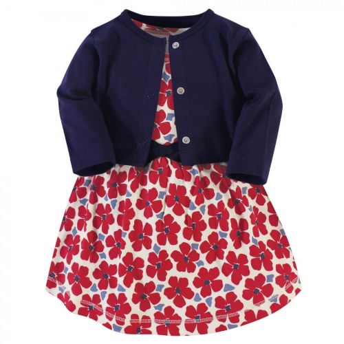 Touched by Nature Baby and Toddler Girl Organic Cotton Dress and Cardigan 2pc Set, Red Flowers, 6-9 Months