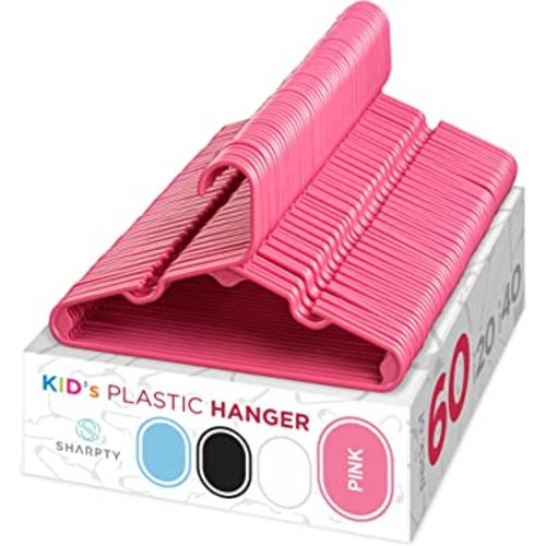 Sharpty Kids Plastic Hangers, Children's Hangers for Baby, Toddler, and Child Clothes - Everyday Standard Use - Ideal for Boys and Girls Closet, Clothing, Pants, Coats, and More - Pink, 60 Pack