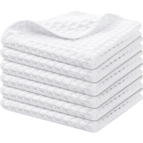 Homaxy Microfiber Waffle Weave Kitchen Dish Cloths, 12 x 12 Inch Ultra Absorbent and Solid Color Dish Towels for Kitchen Fast Drying Dishcloth for Washing Dishes, 6 Pack, White
