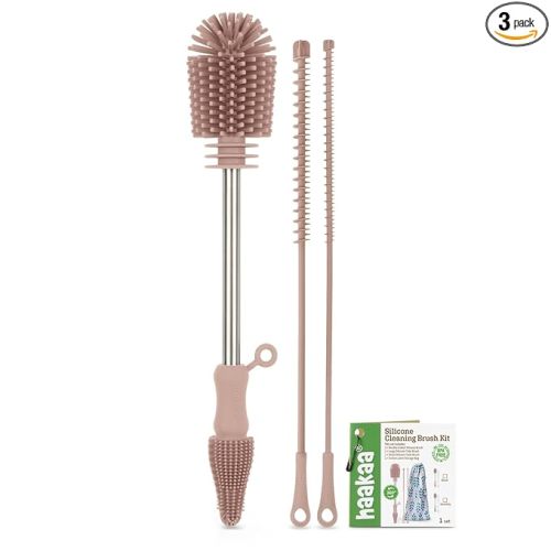 Haakaa Silicone Cleaning Brush Kit - Baby Bottle Brush Cleaner for Breast Pump,Nipple,Breast Milk Storage Bag,Reusable Straw,Sippy Cup - Food Grade Silicone Bristles, Portable - 3 Pcs - Pink