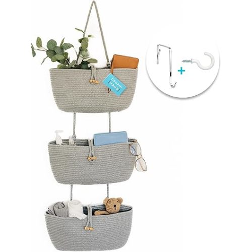 OrganiHaus 3-Tier Hanging Organizer, Gray Cotton Rope Baskets for Wall or Door – Boho Nursery & Home Storage