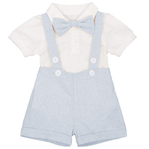 IDOPIP Baby Boys Formal Suit Set Short Sleeve Romper Suspenders Shorts Pants Bowtie Wedding Tuxedo Outfits Cake Smash Clothes