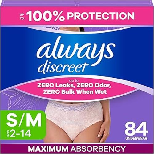 Always Discreet Adult Diapers for Women, Incontinence Underwear, Postpartum Essentials, Disposable Briefs, Max Absorbency, Bladder Leak Protection, Small/Medium, 84ct