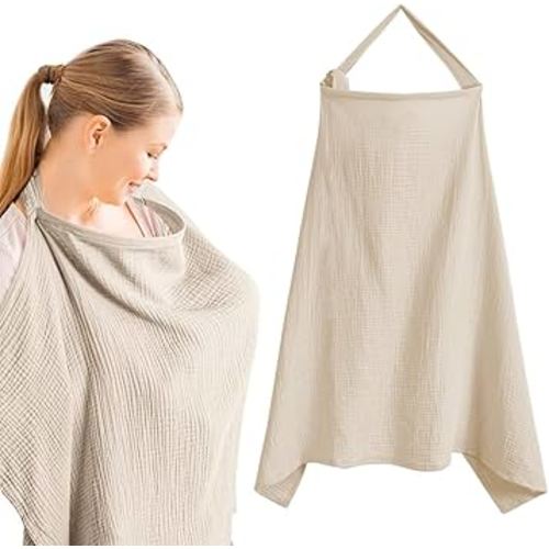 Muslin Nursing Cover for Breastfeeding, Soft&Breathable Cotton Breastfeeding Cover for Women,Privacy Nursing Covers with Arch Neckline Adjustable Hoop for Mother Nursing Apron(khaki）