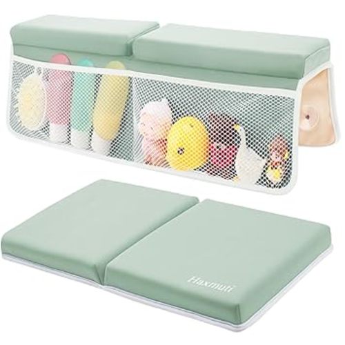 Bath Kneeler and Elbow Rest Pad Set, Thick and Quick Dry Kneeling Pad Support for Knee and Arm, Extra Large Baby Bath Kneeler Pads Bathtub Mat with Toys Organizer for Baby Bath Time, Grey Green