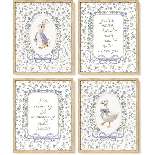 SkyCozy Baby Girl Nursery Decor- Blue Floral Goose Christian Nursery Wall Art Decor, Cottagecore Bunny Poster & Prints Wall Art for Girl Nursery Room Bedroom Decor 8x10Inch Set of 4 (UNFRAMED)