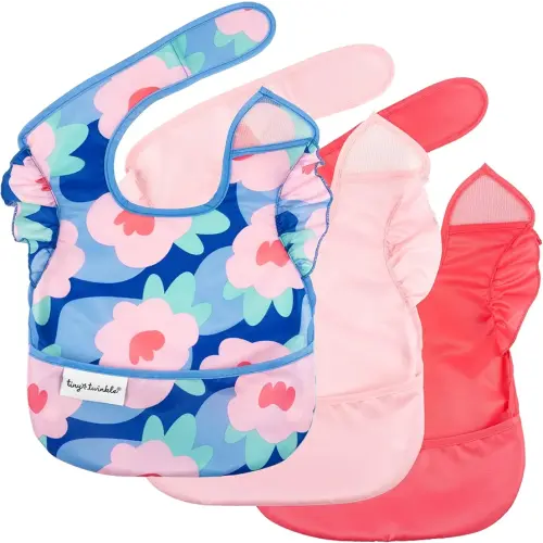 Tiny Twinkle Mess Proof Baby Bibs for Eating – Waterproof, Wipeable Toddler Bibs with Pocket – Baby Food Bibs for Girls & Boys(3 Pack,Blue Floral)