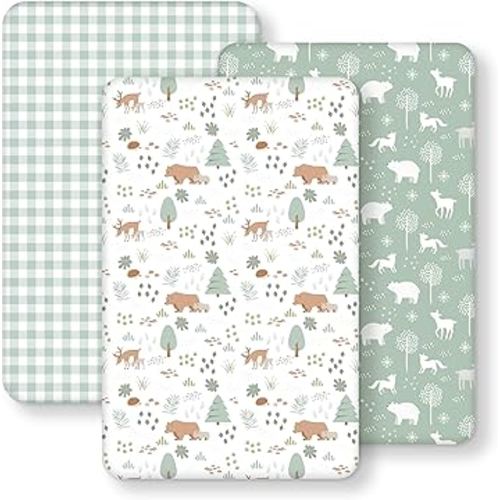 Baby Bedside Bassinet Sheets Fitted, 33”x20” Compatible with Baby Delight Dream On Me & Most Rectangle Bedside Sleeper Bassinet Mattresses, Super Soft Microfiber Green Woodland Bear