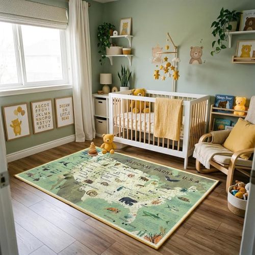 National Parks USA Map Rug, Educational Woodland Nursery Decor, Kid Room Play Mat (63"x39.4")