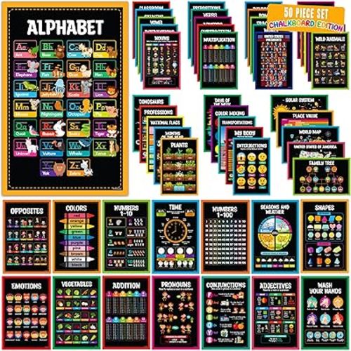 Decorably 50 Chalkboard Preschool Posters for Toddlers, 11x17in Matte-Laminated Educational Learning Posters for Kindergarten - Homeschool, Classrooms, Bulletin Boards, School Hallways
