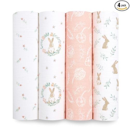 aden + anais Essentials Muslin Swaddle Blankets for Baby Girls and Boys, Newborn Receiving Blanket for Swaddling, 100% Cotton Baby Swaddle Wrap, 4 Pack, Blushing Bunnies