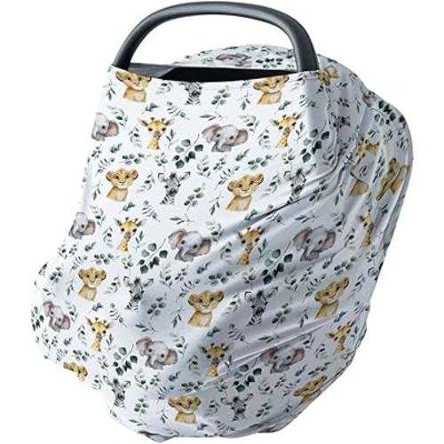 HawSkgFub Safari Animal Eucalyptus Leaf 5-in-1 Car Seat Cover Baby Boy Girl Gift, Jungle Zebra Lion Giraffe Elephant Privacy Breastfeeding Nursing Cover Newborn Infant Multi-use Carseat Canopy Carrier