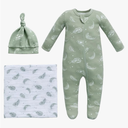 Owlivia Organic Take Me Home Outfit Set, Newborn Baby Boy Girl Footed Pajama Hat and Muslin Blanket Gift Set,3 Pcs