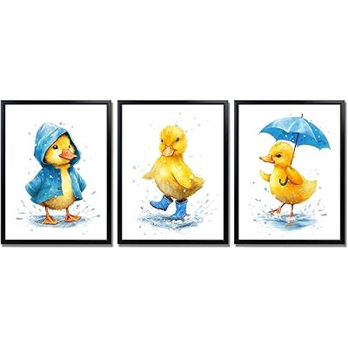 Derkymo 3 Pieces Framed Yellow Duck Canvas Wall Art Abstract Animal Picture Baby Duck Holding An Umbrella Picture Print Funny Animal Rainny Painting Prints 12"x16"x3pcs