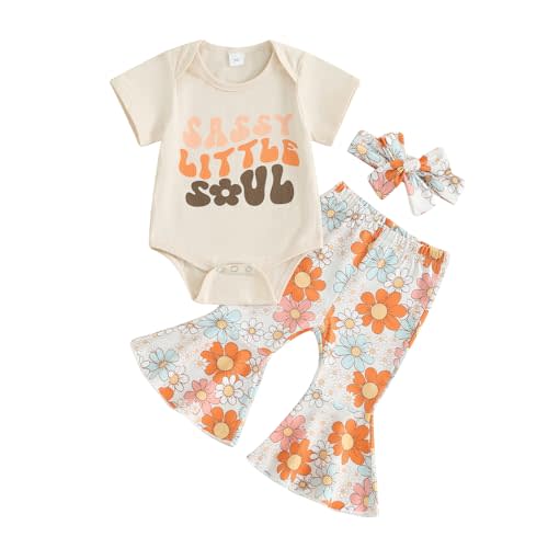 Karuedoo Newborn Baby Girl Summer Outfits Sassy Little Soul Romper Boho Floral Flared Pants Headband 3Pcs Clothes Set