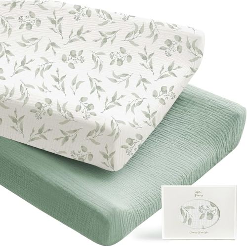Konssy 2 Pack Muslin Changing Pad Covers for Boys, Ultra Soft & Breathable Cotton Baby Diaper Changing Table Covers, Neutral Nursery Diaper Changing Pad Sheets (Green, Green Leaves)