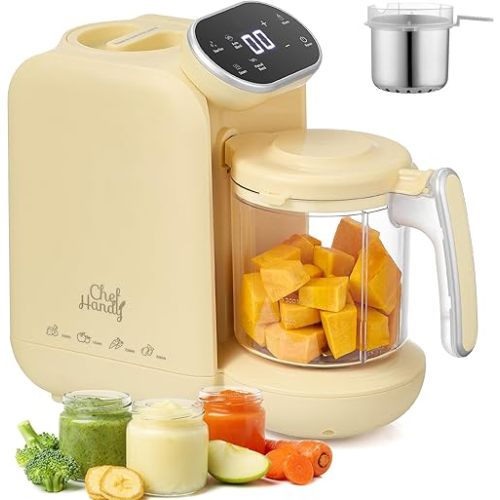 Chefhandy Baby Food Maker, Steamer & Blender with Stainless Steel Basket, Puree Maker with Auto/Manual Blend, Bottle Warmer & Sterili-zer, Safe & Easy-to-Clean Compact Baby Food Processor (Yellow)
