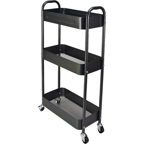 3 Tier Slim Metal Rolling Storage Cart for Laundry Room & Kitchen Organizer, 7.1'' Thin Standing Shelf for Narrow Spaces, Utility Cart with Wheels & Lockable Casters for Bathroom, Black