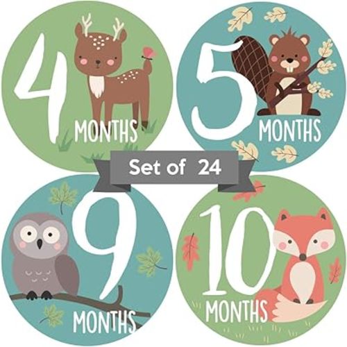 Baby Monthly Stickers - Set of 24 - Woodland Animal Baby Milestone Stickers - Milestones for Newborn Boys or Girls - Green & Blue Woodland Animal Creatures - Unisex Gender Neutral Design (Set of 24)