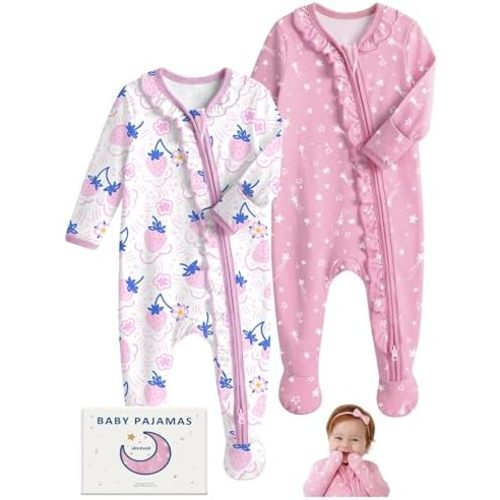 Rayon Made from Bamboo Baby Pajamas Baby Sleepers for Newborn 0-3 3-6 6-9 Months 2Pcs Footie Pjs Baby Girls Clothes
