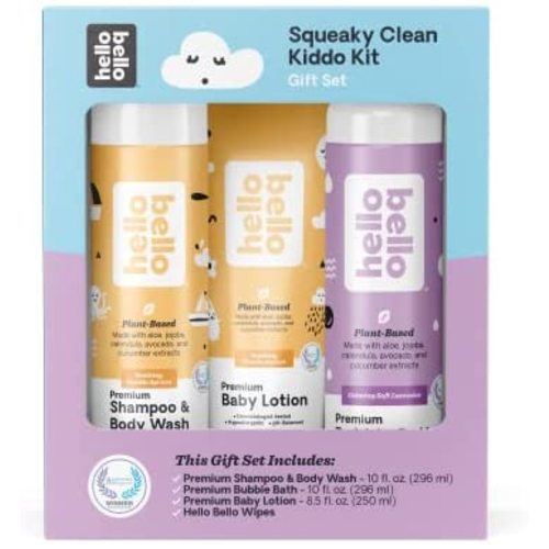 Hello Bello Squeaky Clean Kiddo Set - Includes Shampoo & Body Wash, Bubble Bath, Lotion and Wipes