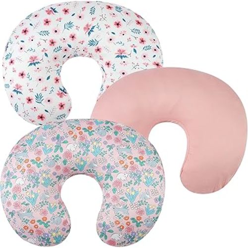 Nursing Pillow Cover Set 3 Pack Nursing Pillow Slipcovers for Moms Breastfeeding Moms, Ultra-Soft Stretchy Fit Standard Nursing Pillows Floral,Grey Rabbit & Pink