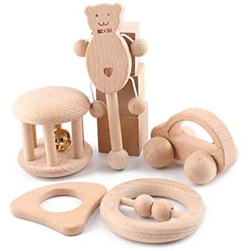 Promise Babe Puzzle Toys Montessori Teether Toys Set Infant Wooden rattles Interesting Toys 5pc Nursing Wooden Teether Rattles
