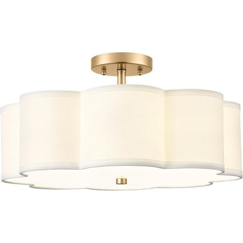 Gold Semi Flush Mount Ceiling Lights, 4-Light 18" Ceiling Light Fixtures with Fabric Shade in Flower Shape, Farmhouse Brass Drum Lighting for Nursery Bedroom Kitchen, AD-22009-4SF-GD