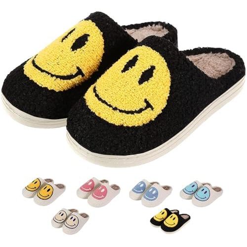 Retro Fuzzy Happy Face Slippers for Women Men, Cozy House Shoes