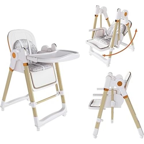 Foldable Baby High Chair with 150° Swing & Recline,Convertible High Chairs for Babies and Toddlers,5 Height Levels,3 Backrest & Footrest Positions,Removable Double Tray,Lockable Wheels (White)