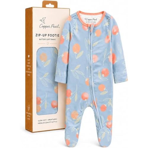 Copper Pearl Zip-Up Footie Baby Pajamas: Ultra-Soft Boys & Girls Pajamas, Premium Knit Fabric in Stylish Prints, Tag-Free with Two-Way Zipper, Newborn to 24 Months, Clementine