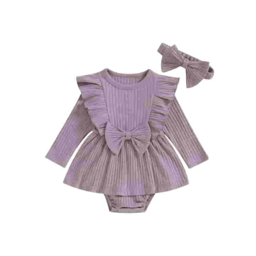 Lieserram Newborn Baby Girl Romper Dresses, 0 3 6 9 12 18 Months Long Sleeve Solid Color Crew Neck Bow A-line Skirt Bodysuit with Headband Clothes