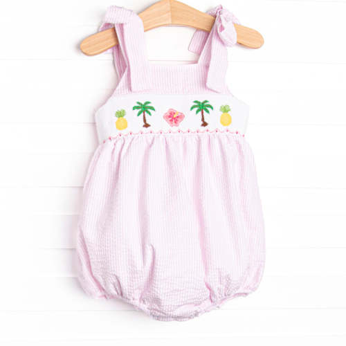 Tulum Tropics Smocked Bubble, Pink Seersucker – Stitchy Fish