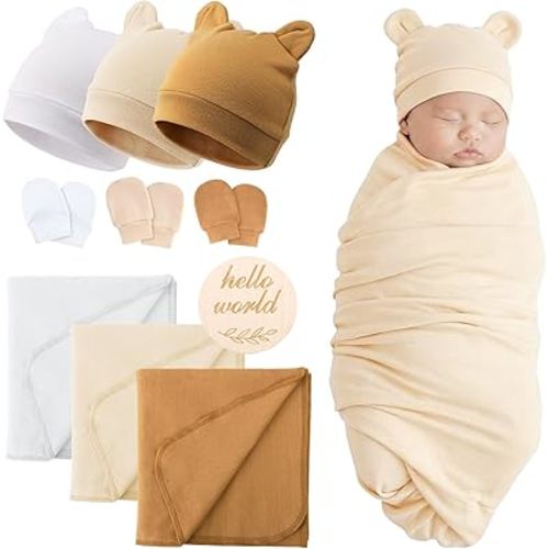 AQOKKA 3 Sets Cotton Baby Swaddle Blankets Wrap with Cute Bear Ears Hats Elastic Mittens Wooden Birth Announcement Card Soft Nursery Receiving Swaddles for Newborn Infant Girl Boy 0-3 Months