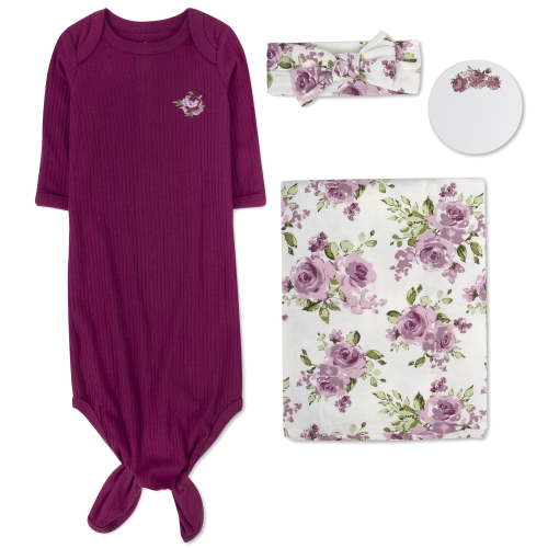 Baby Essentials Long Sleeve Knotted Coming Home Outfit with Matching Swaddle Blanket and Headband for Newborn Infant Girls for Sleep, Cuddling, Swaddling and Lounge in Berry Floral