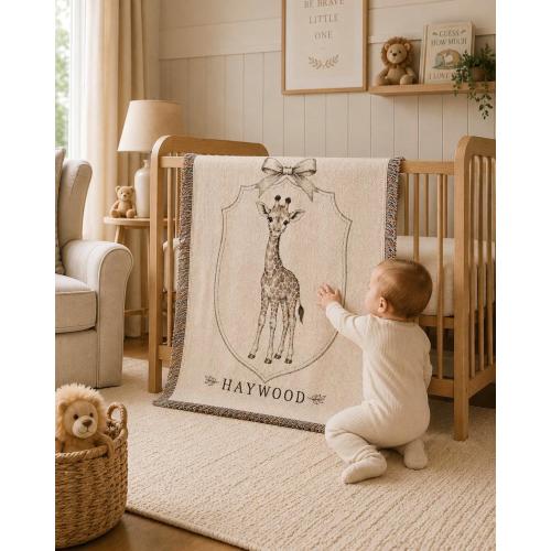 Giraffe Baby Blanket Personalized Newborn Woven Blanket Keepsake Safari Nursery Decor