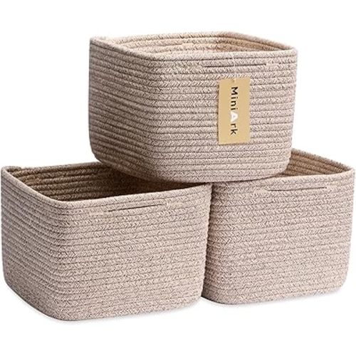 Small Organizing Baskets for Cubes Shelf, 9.7x9.7x7.1 Inch Rope Woven Storage Bins for Nursery Shelves Storage, Cute Toy Basket, Square 3 Packs Mixed Brown