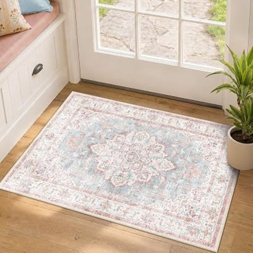 CAPALOCA 2x3 Washable Nursery Girls Low Pile Area Rug Pink Blue
