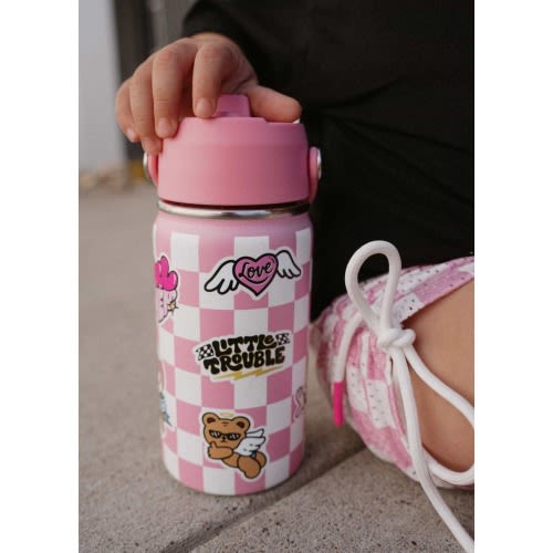 Pink Checkered Water Bottle