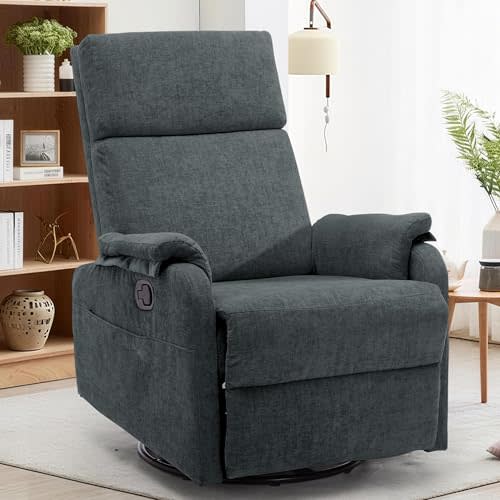 Recliner Chair, Swivel Rocking Recliner Chair for Adults, Glider Rocking Chair, Small Nursery Chair Recliner for Living Room, Reclining Chair with Modern-Designed Armrests,Chenille,Darkgrey