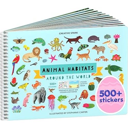 Animals Habitat 500+ Kids Sticker Book by Cupkin Toddler Airplane Travel Activity Coloring and Sticker Book, 12 Coloring Pages + 12 Scenes for Children's of 2-8 Years, Easter Gifts for Kids