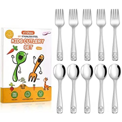 VITEVER 10-Piece Toddler Utensils, Kids Stainless Steel Silverware Set, Children Safe Forks and Spoons - Mirror Polished, Dishwasher Safe