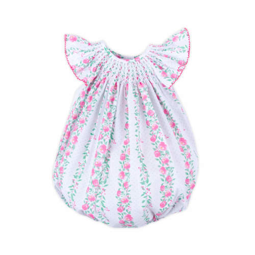 Pink Rose Floral Smocked Angel Sleeve Bubble
