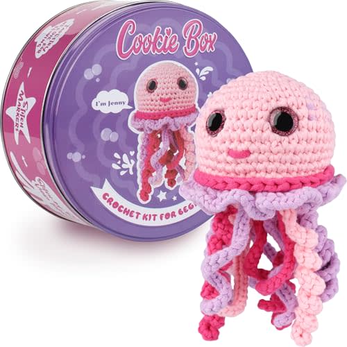 Cookie Box Original Crochet Kit for Beginners – Gift Set to Make Jellyfish Jenny Amigurumi Plushie – Easy DIY Crochet & Knitting Starter Kit with Video and PDF Tutorials