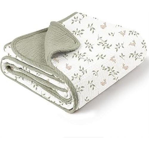 Konssy Muslin Baby Blankets for Girls Boys, 100% Cotton Crib Blanket for Baby Infant Toddler, Super Soft and Lightweight Nursery Blankets 40"x36"（Rabbit