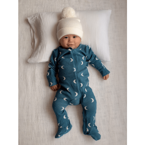 Organic Waffle 2-Way Zip Footie, Midnight Moon