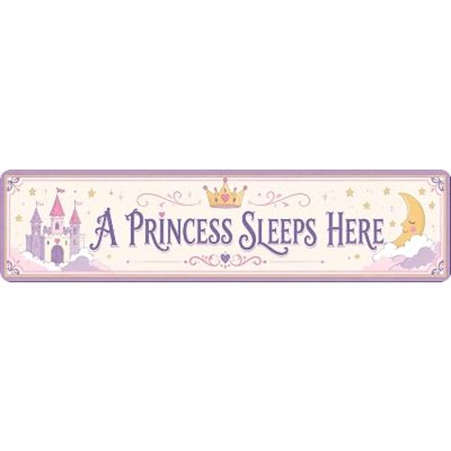 A Princess Sleeps Here Metal Sign 4x16in Cute Nursery Plaque for Girl Bedroom Wall Decor Castle Tiara Toddler Room Gift